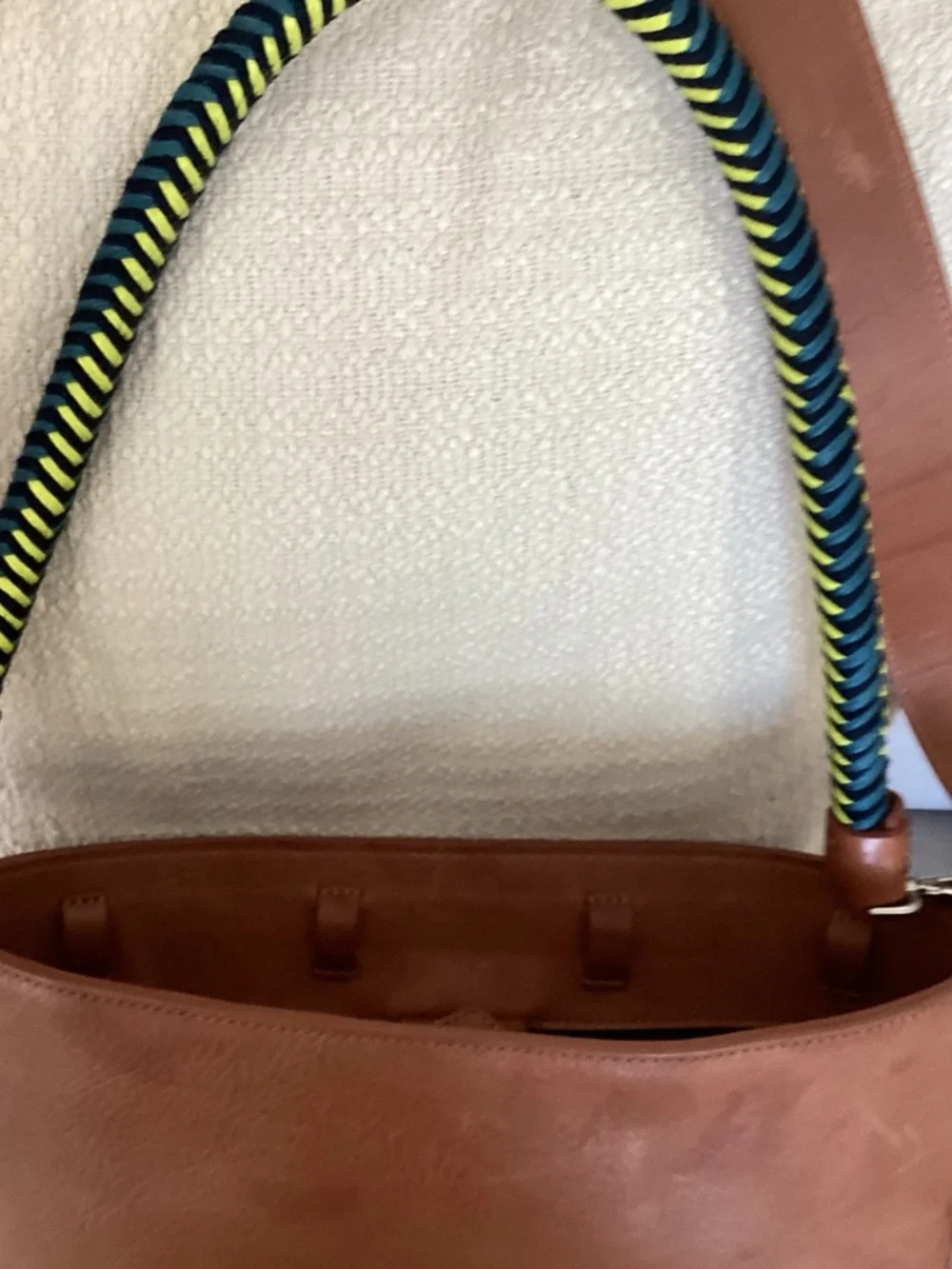 Mecha Mendez Cognac Leather Shoulder Bag with Braided Navy & Neon Handle - Picture 5 of 11
